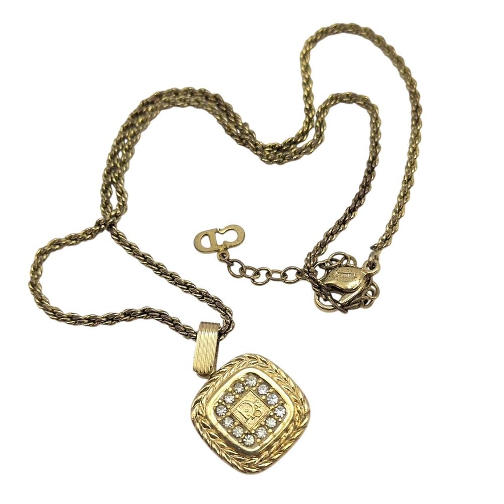 VTG Christian Dior Crystal Logo Square Pendant Rope Chain Gold Tone Necklace